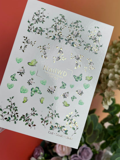 Nail Water Decal 140 NailWD | Water Slide Nail Decals Green Butterflies & Flowers | Botanical Romantic Design