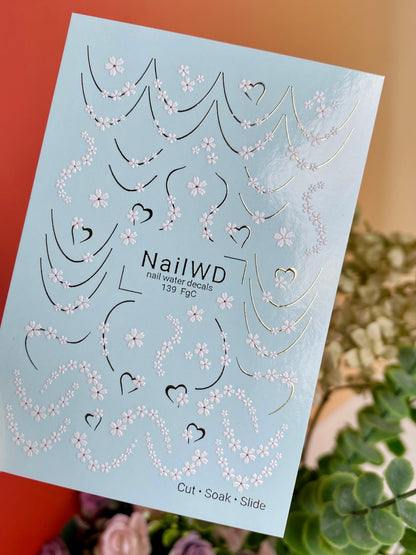 Nail Water Decal 139 NailWD | Water Slide Nail Decals White Flowers French | Delicate Daisy Chains Design