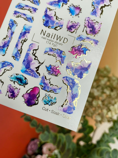 Nail Water Decal 174 Nail WD | Water Slide Nail Decals Abstract Marble Ink | Nail Water Decals Purple and Blue Artistic Design