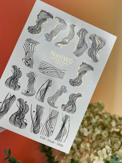 Nail Water Decal 129 NailWD | Water Slide Nail Decals Abstract Lines | Black & Gold Minimalist Design