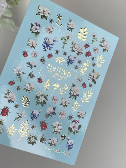 Nail Water Decal 160 Nail WD | Water Slide Nail Decals Floral Garden with Bees and Ladybugs | Nail Water Decals Spring Flowers Design