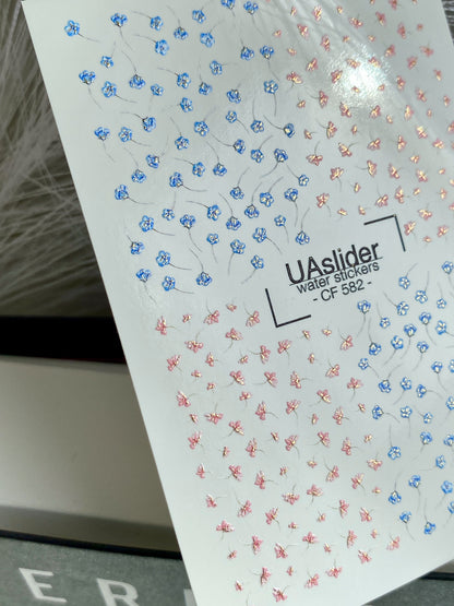 Nagel Water Decal CF-582 | Water Slide Nagel Decals met Kleine Bloemen | Blauwe en Roze Bloemige Nagelkunst