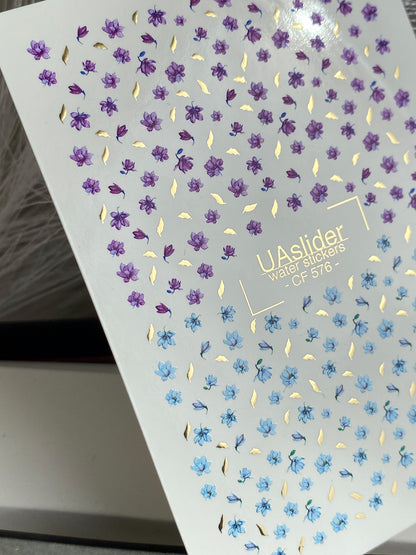 Nagel Water Decal CF-576 | Water Slide Nagel Decals met Kleine Bloemen | Paarse en Blauwe Bloemige Nagelkunst