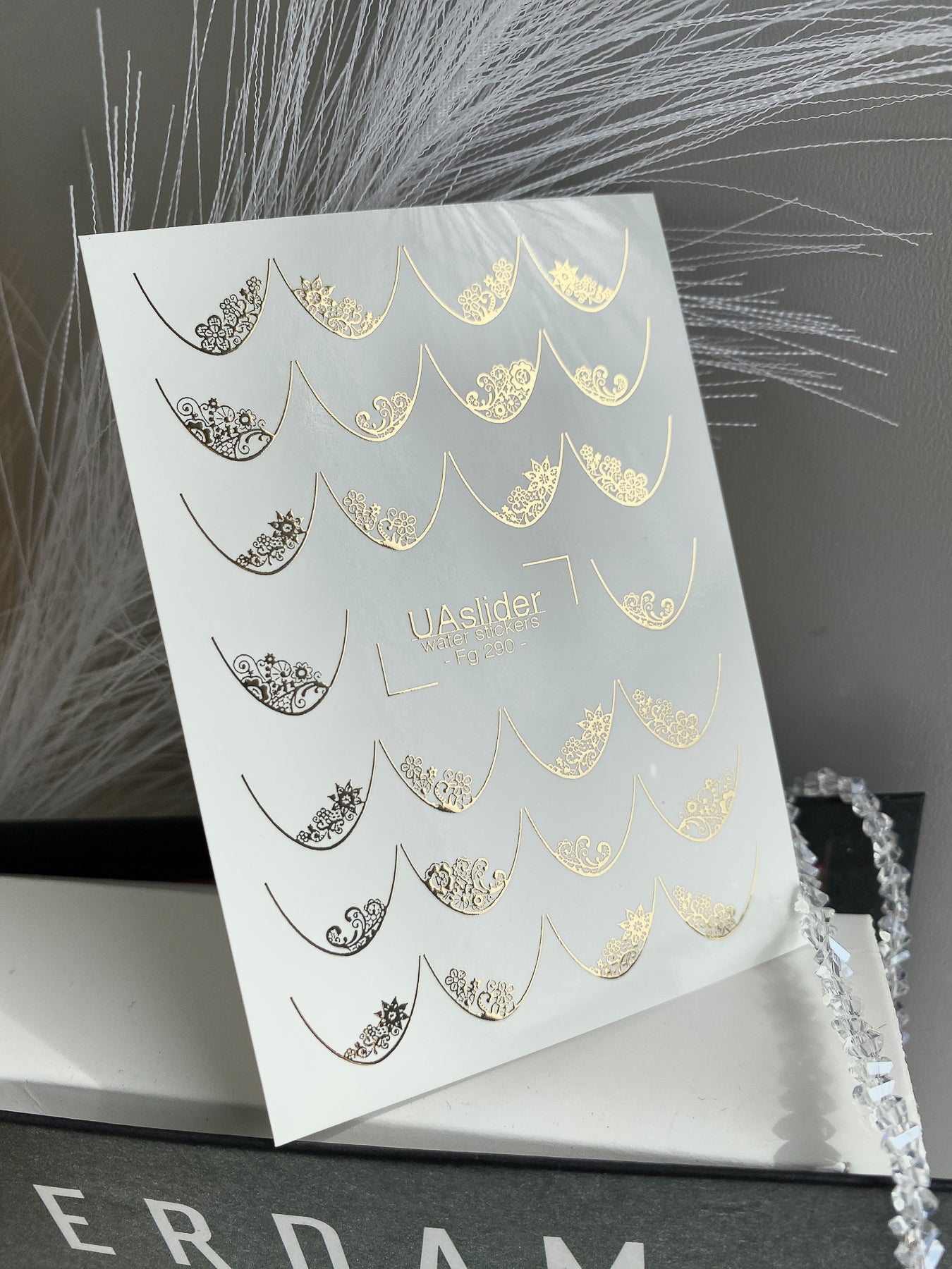 Nail Water Decal Fg-290 | Water Slide Nail Decals | Gold Foil Lace French Tips