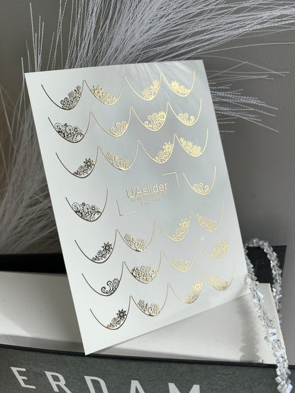 Nail Water Decal Fg-290 | Water Slide Nail Decals | Gold Foil Lace French Tips