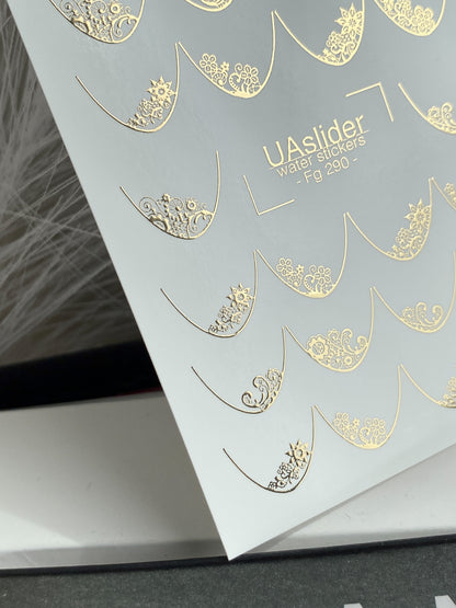 Nail Water Decal Fg-290 | Water Slide Nail Decals | Gold Foil Lace French Tips
