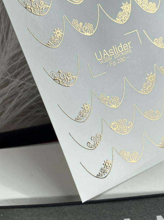 Nail Water Decal Fg-290 | Water Slide Nail Decals | Gold Foil Lace French Tips