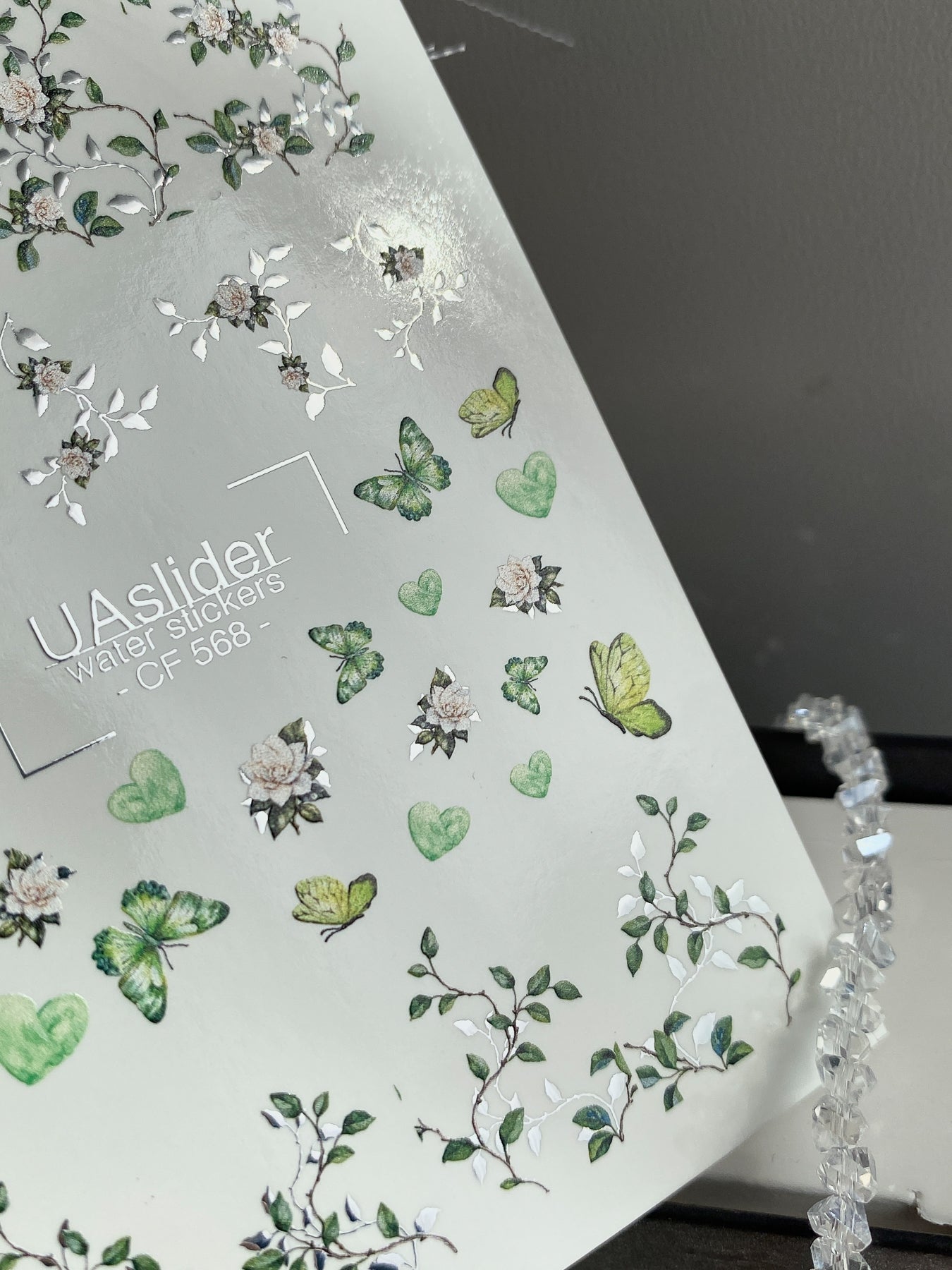 Nail Water Decal CF-568 | Water Slide Nail Decals with Green Butterflies and White Flowers | Botanical Nail Art