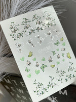 Nail Water Decal CF-568 | Water Slide Nail Decals with Green Butterflies and White Flowers | Botanical Nail Art - UASLIDER