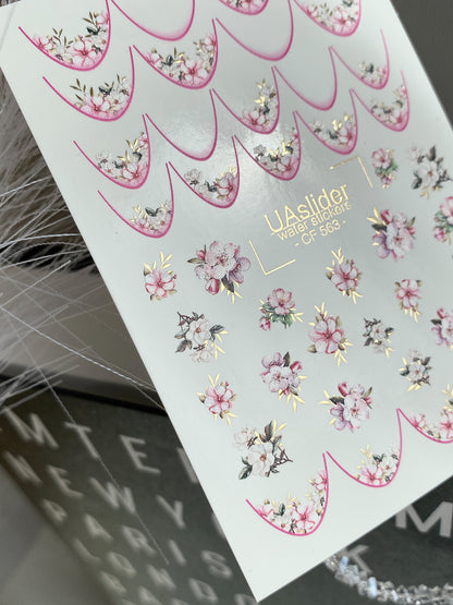 Nail Water Decal CF-563 | French Water Slide Nail Decals with Sakura Flowers | Pink Floral Nail Art