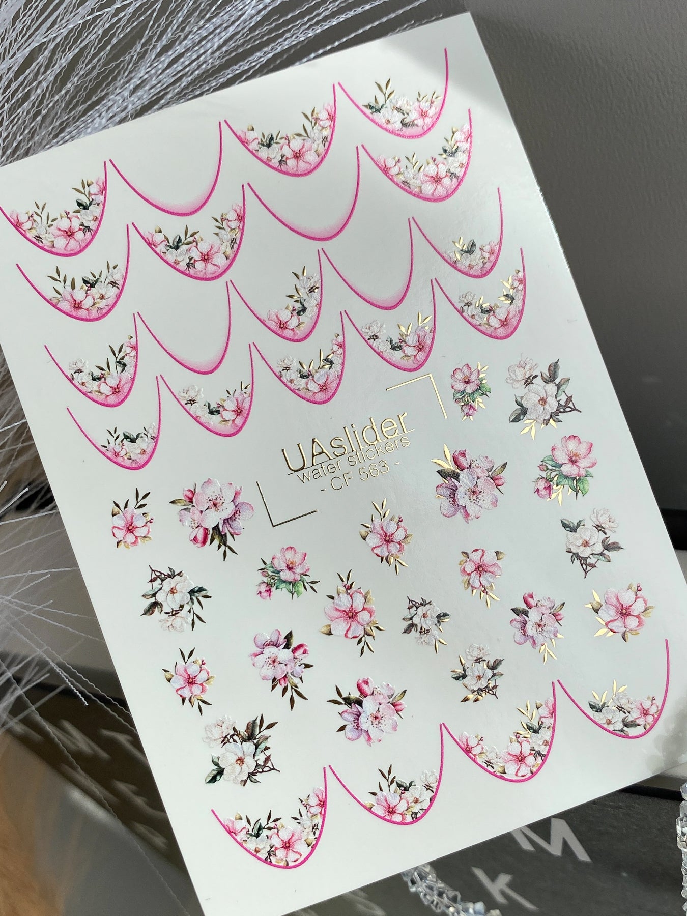 Nail Water Decal CF-563 | French Water Slide Nail Decals with Sakura Flowers | Pink Floral Nail Art