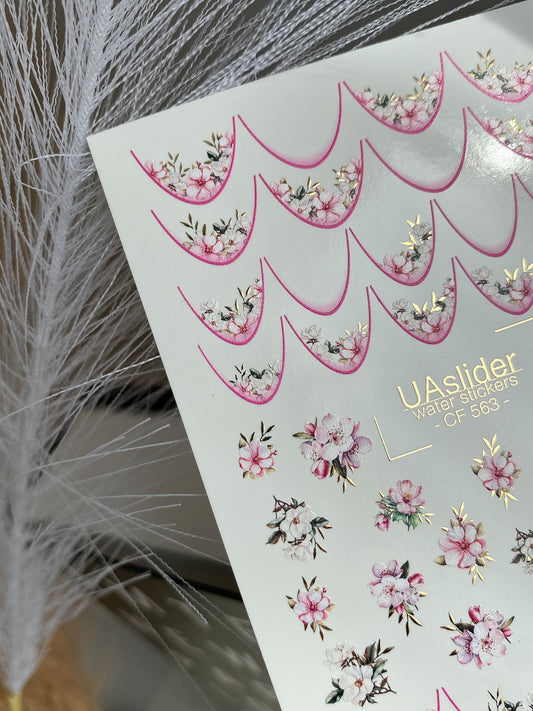 Nail Water Decal CF-563 | French Water Slide Nail Decals with Sakura Flowers | Pink Floral Nail Art