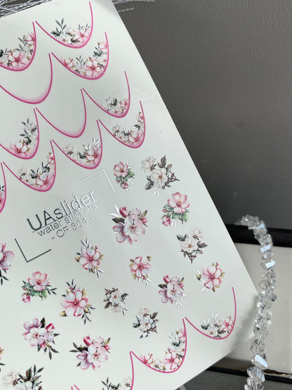 Nail Water Decal CF-564 | French Water Slide Nail Decals with Sakura Flowers | Pink Blossom Nail Art