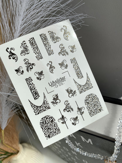 Nail Water Decal CF-575 | Water Slide Nail Decals with Baroque Ornaments | Black and Gold Ornamental Nail Art