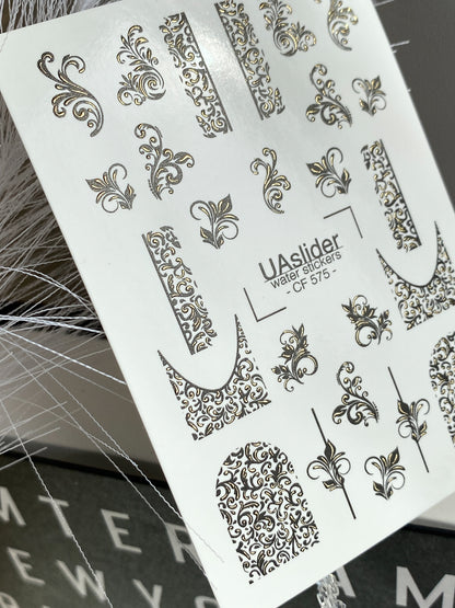 Nail Water Decal CF-575 | Water Slide Nail Decals with Baroque Ornaments | Black and Gold Ornamental Nail Art