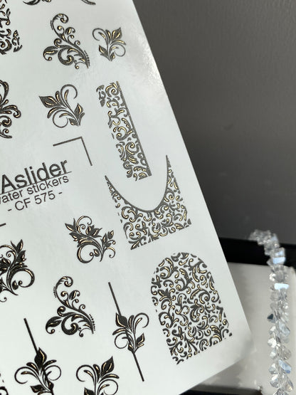 Nail Water Decal CF-575 | Water Slide Nail Decals with Baroque Ornaments | Black and Gold Ornamental Nail Art