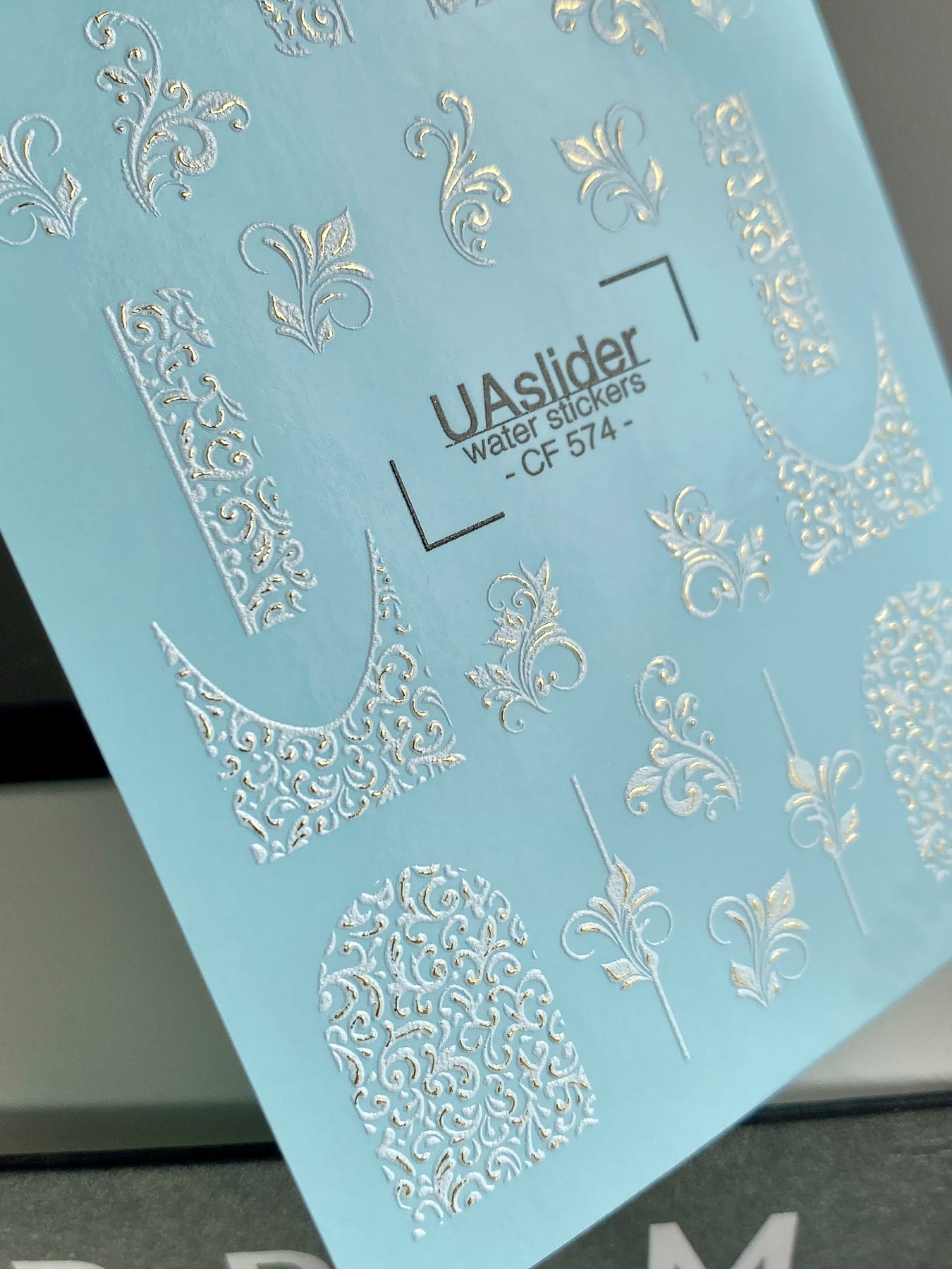 Nail Water Decal CF-574 | Water Slide Nail Decals with Baroque Patterns | White Ornamental Nail Art