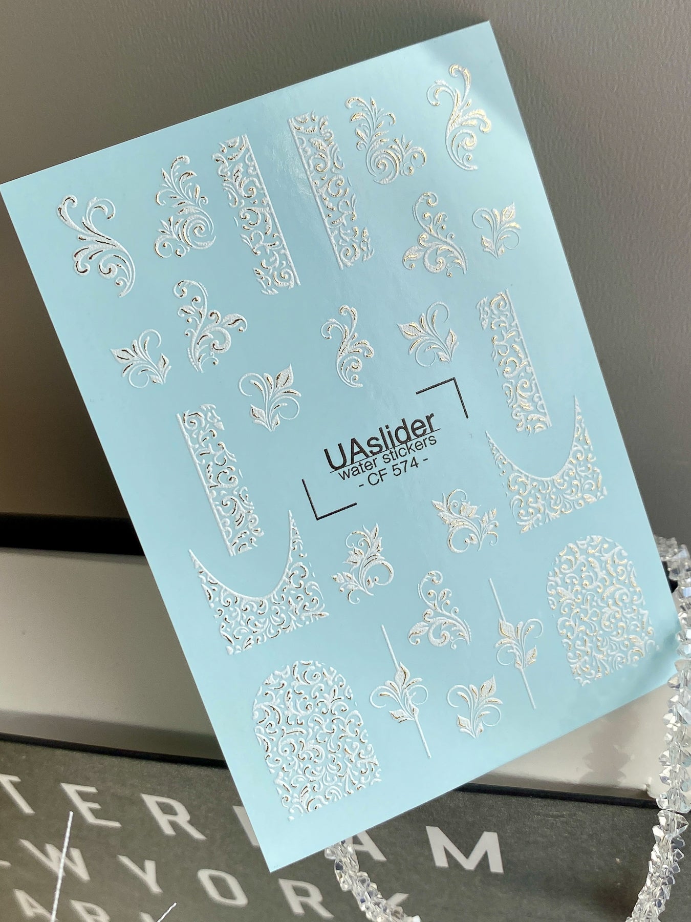 Nail Water Decal CF-574 | Water Slide Nail Decals with Baroque Patterns | White Ornamental Nail Art