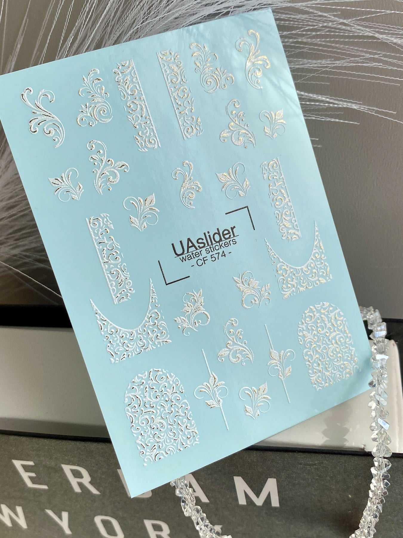 Nail Water Decal CF-574 | Water Slide Nail Decals with Baroque Patterns | White Ornamental Nail Art