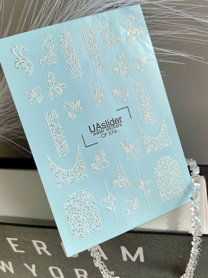 Nail Water Decal CF-574 | Water Slide Nail Decals with Baroque Patterns | White Ornamental Nail Art