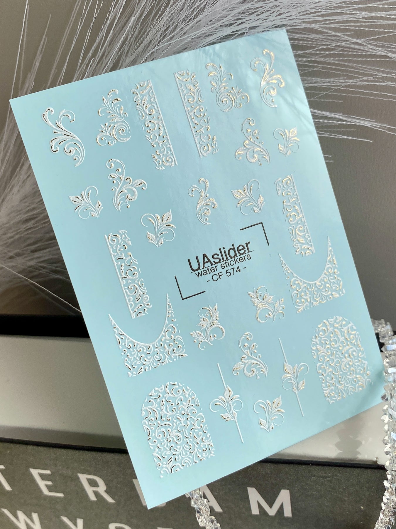 Nail Water Decal CF-574 | Water Slide Nail Decals with Baroque Patterns | White Ornamental Nail Art