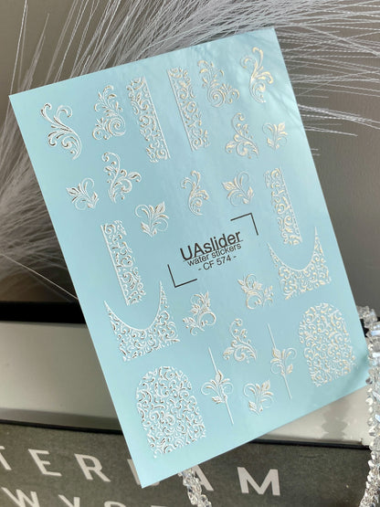 Nail Water Decal CF-574 | Water Slide Nail Decals with Baroque Patterns | White Ornamental Nail Art