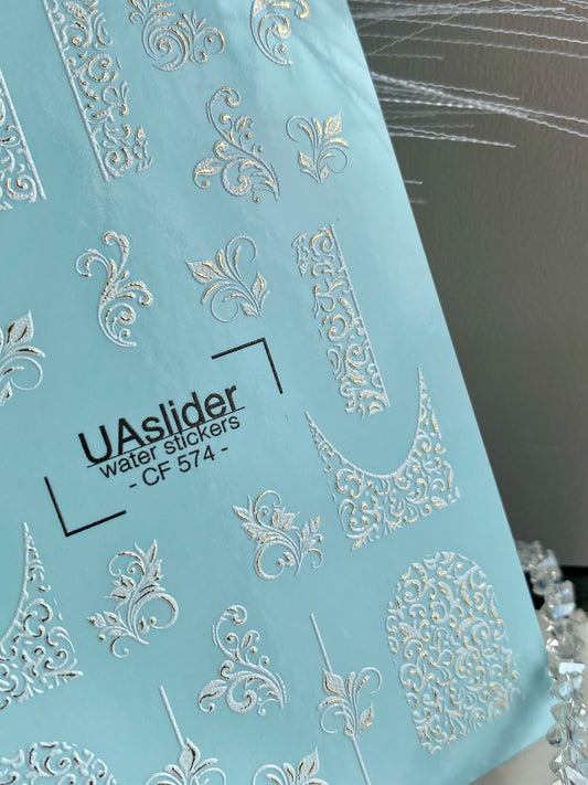Nail Water Decal CF-574 | Water Slide Nail Decals with Baroque Patterns | White Ornamental Nail Art