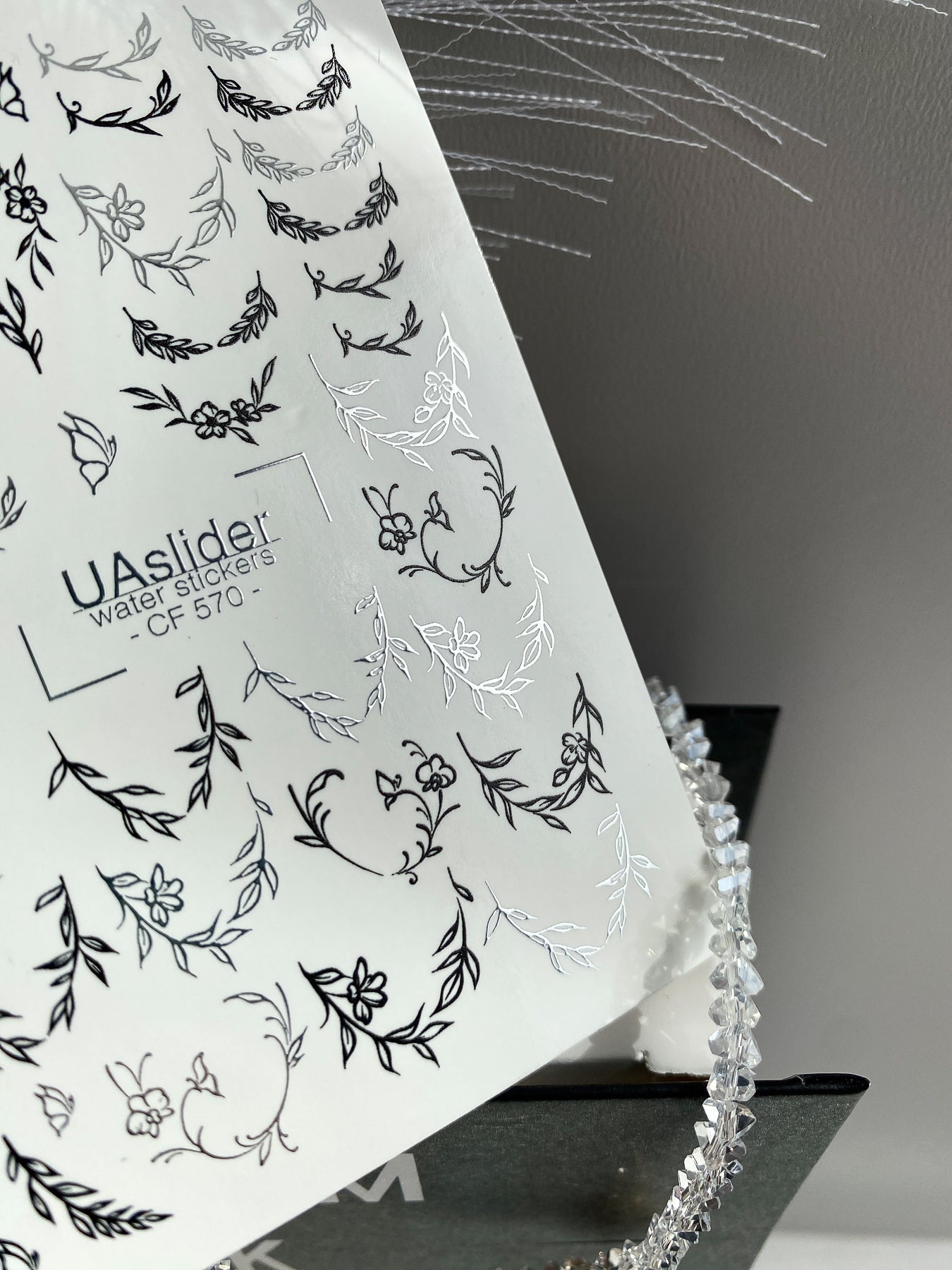 Nail Water Decal CF-570 | Water Slide Nail Decals with Minimalist Wreaths | Black and Silver Botanical Nail Art - UASLIDER
