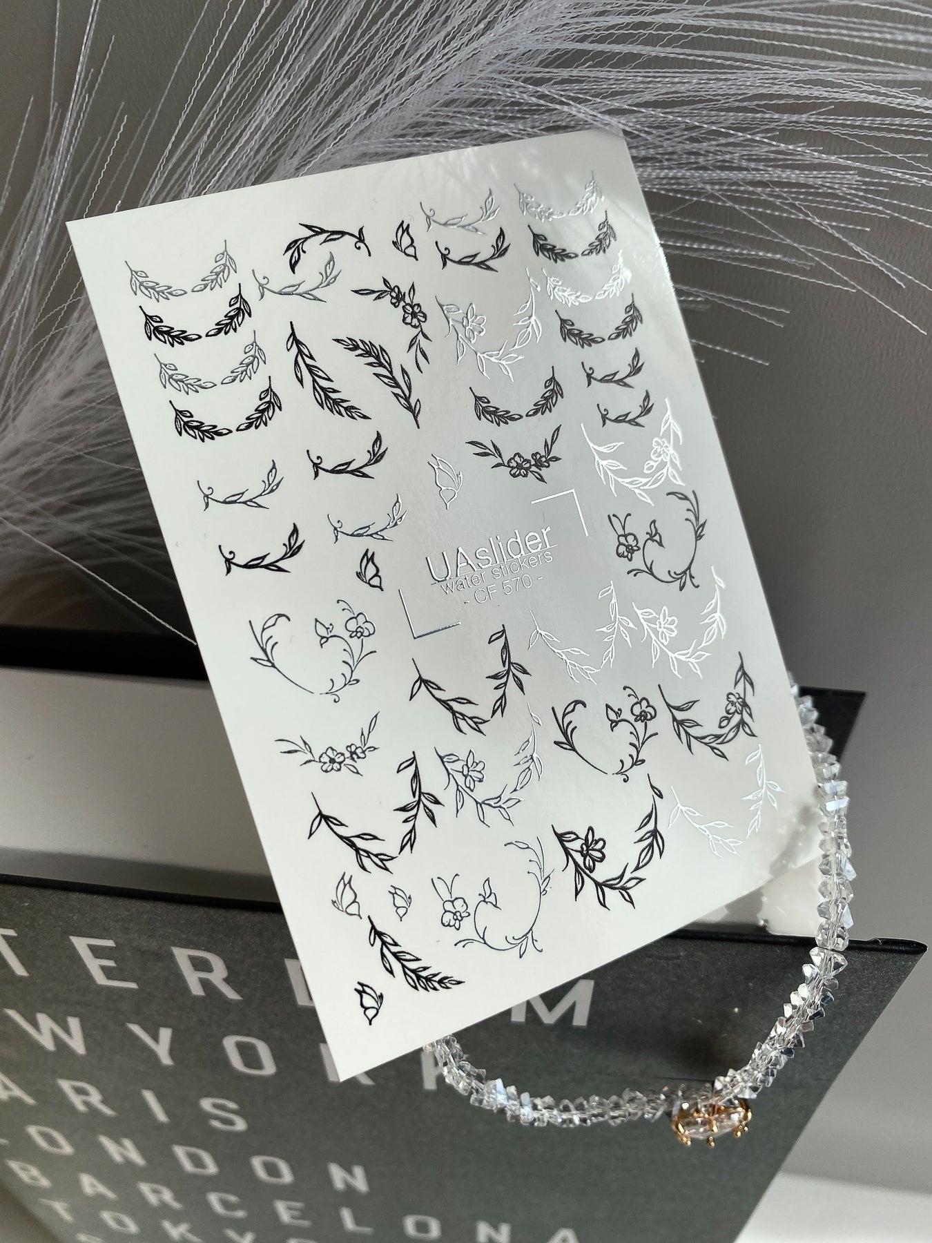 Nail Water Decal CF-570 | Water Slide Nail Decals with Minimalist Wreaths | Black and Silver Botanical Nail Art