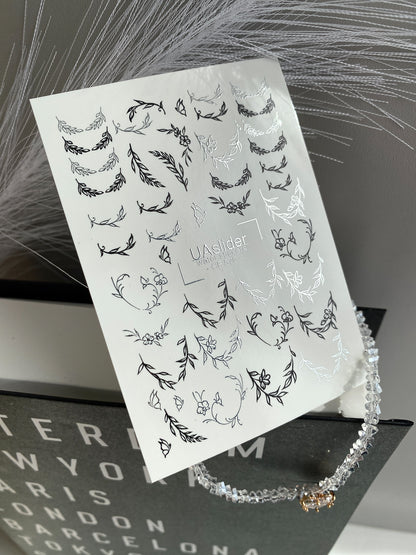Nail Water Decal CF-570 | Water Slide Nail Decals with Minimalist Wreaths | Black and Silver Botanical Nail Art