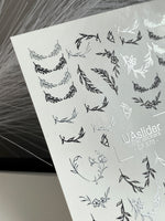 Nail Water Decal CF-570 | Water Slide Nail Decals with Minimalist Wreaths | Black and Silver Botanical Nail Art - UASLIDER