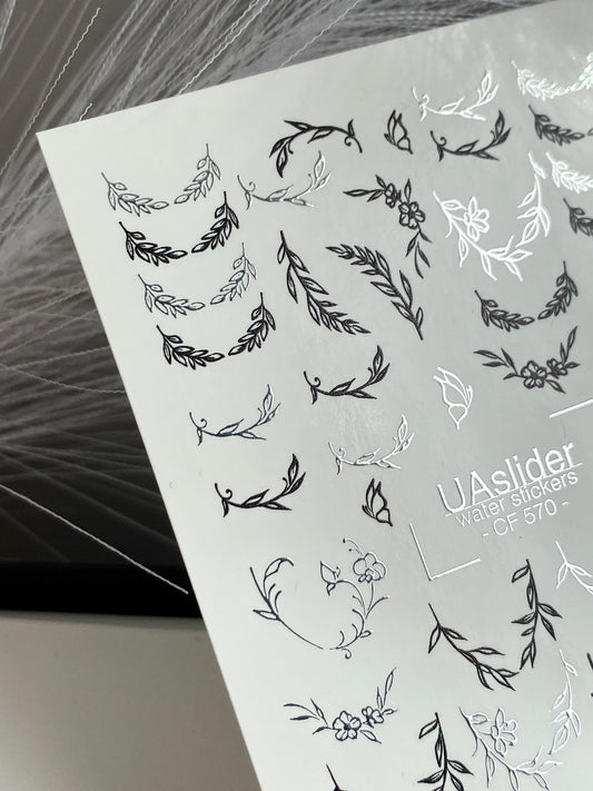 Nail Water Decal CF-570 | Water Slide Nail Decals with Minimalist Wreaths | Black and Silver Botanical Nail Art