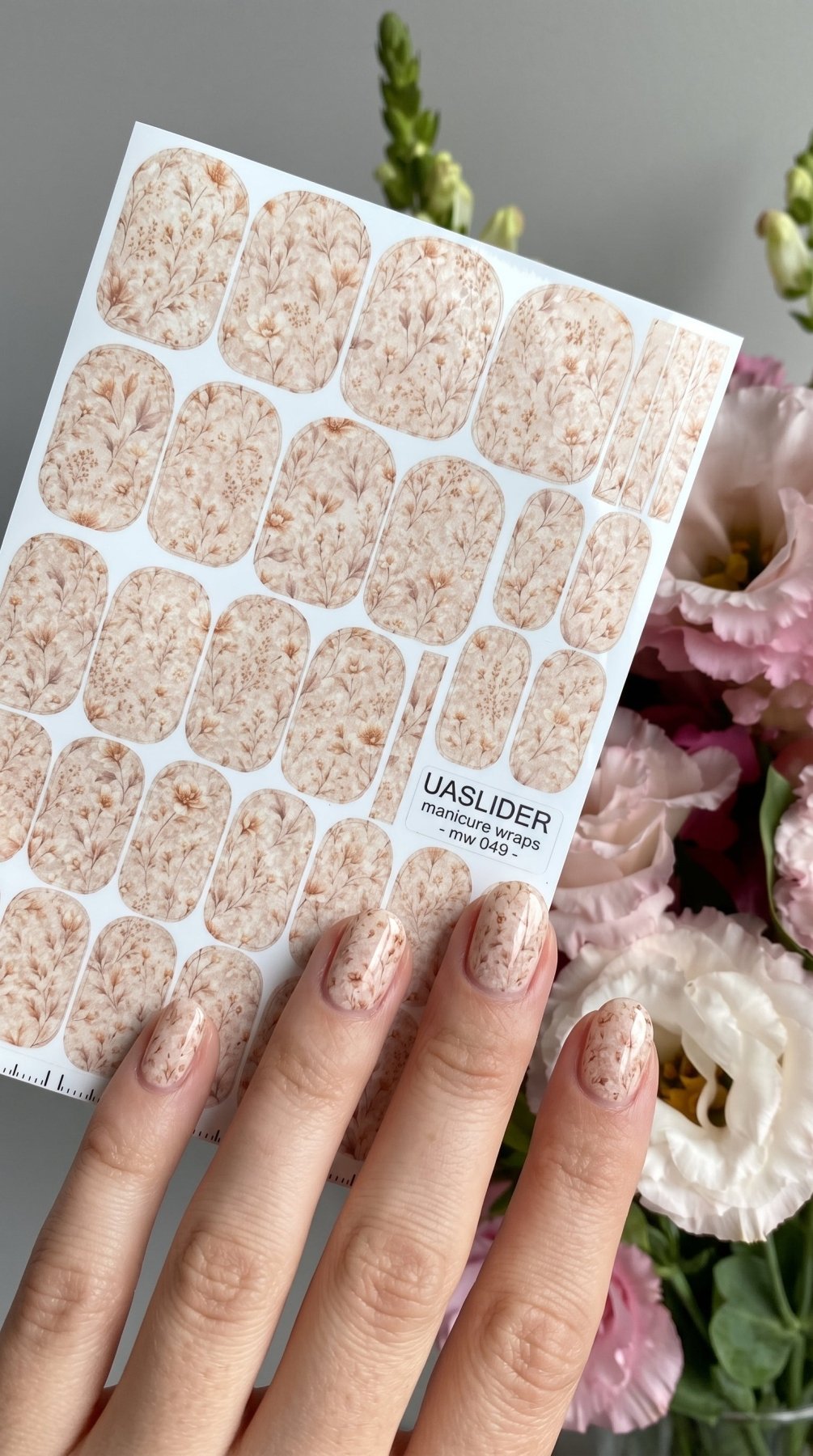Beige Floral Manicure Wraps — Delicate Botanical Print | mw-049 - UASLIDER