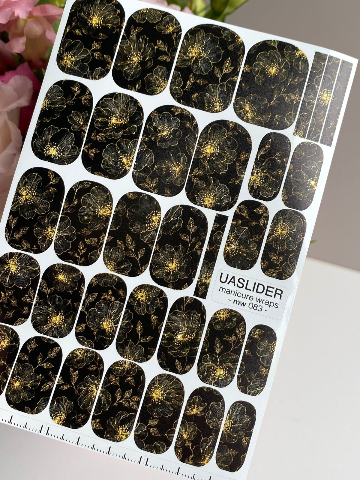 Black Floral Manicure Nail Wraps — Golden Yellow Flowers | mw-083 - UASLIDER