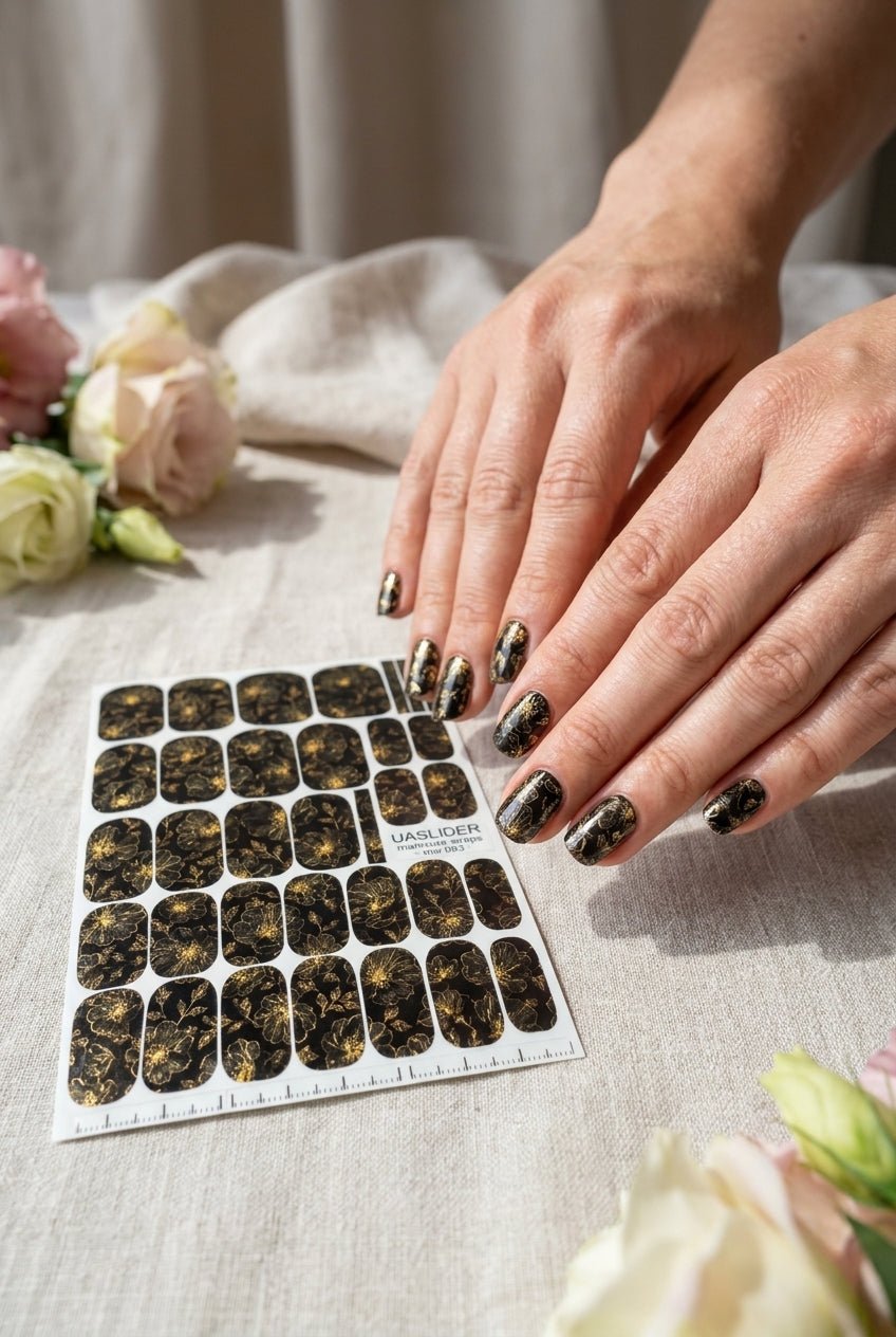 Black Floral Manicure Nail Wraps — Golden Yellow Flowers | mw-083 - UASLIDER