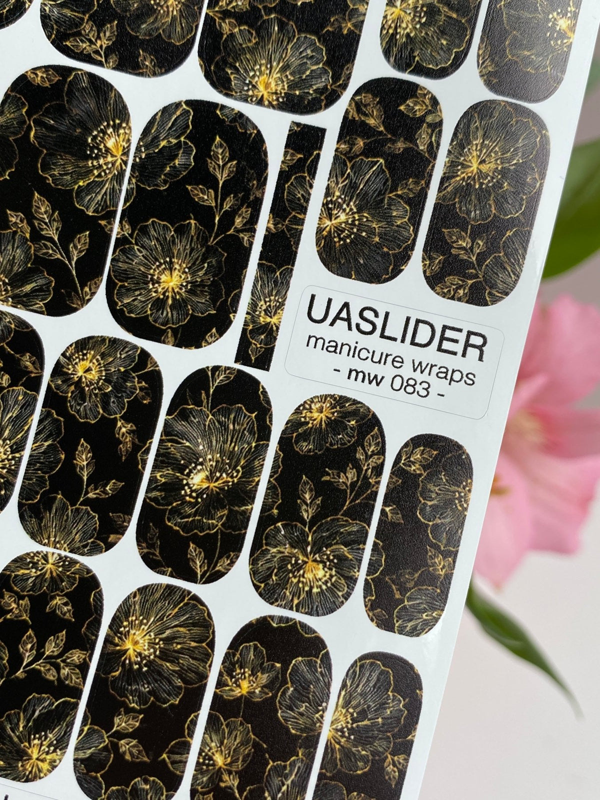 Black Floral Manicure Nail Wraps — Golden Yellow Flowers | mw-083 - UASLIDER