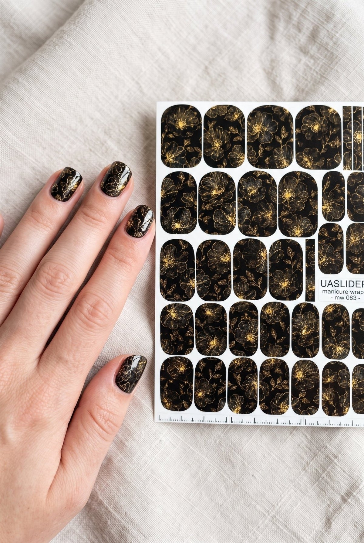 Black Floral Manicure Nail Wraps — Golden Yellow Flowers | mw-083 - UASLIDER