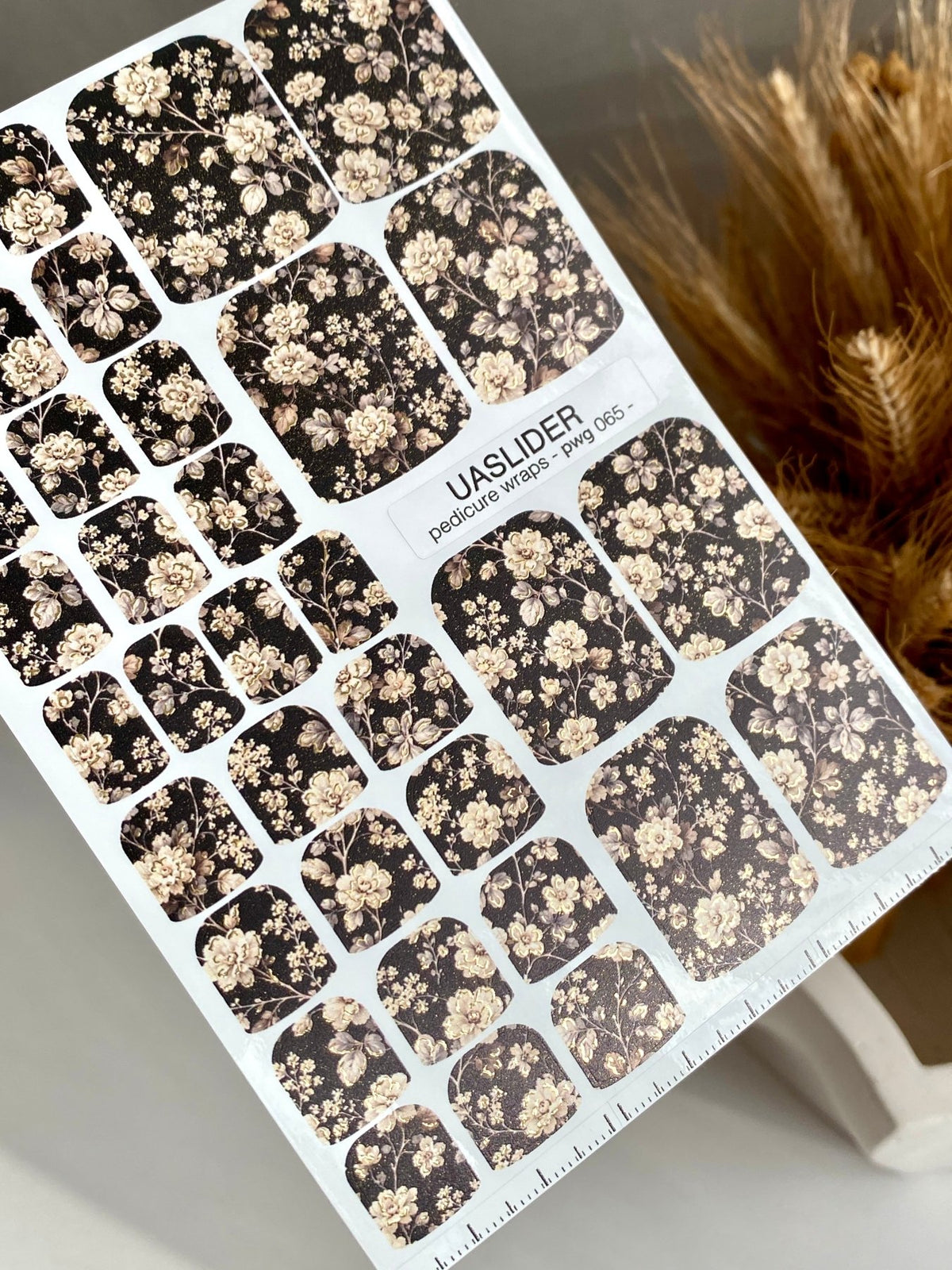 Black Floral Pedicure Wraps — Cream Blooms & Gold Foil | pwg-065 - UASLIDER
