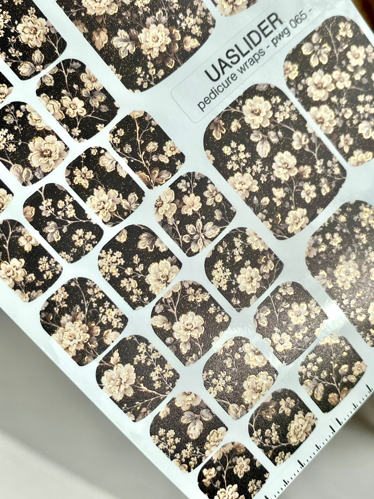 Black Floral Pedicure Wraps — Cream Blooms & Gold Foil | pwg-065 - UASLIDER