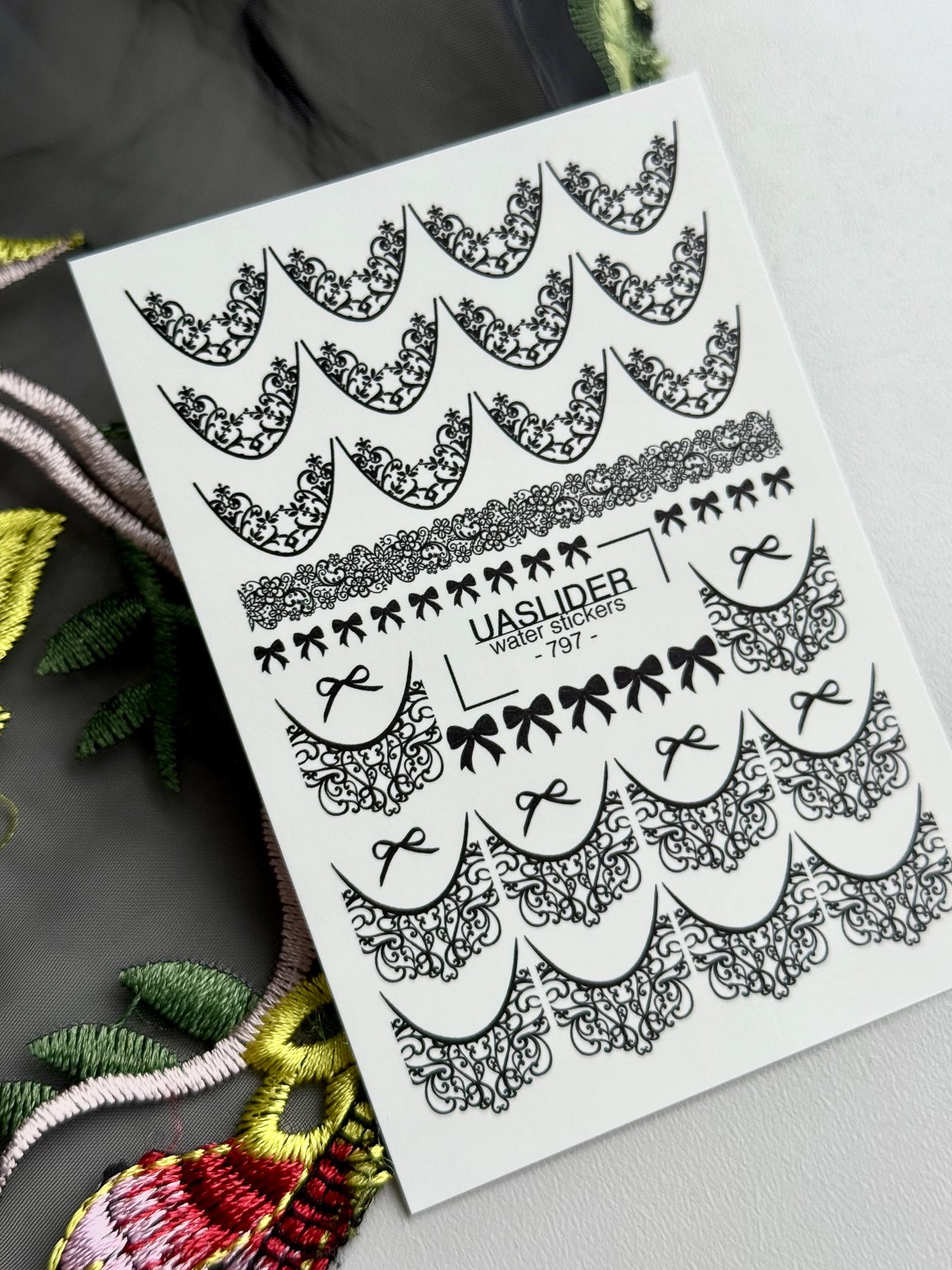 Black Lace Bow Nail Decals — Scroll Lace French Tips | 797 - UASLIDER