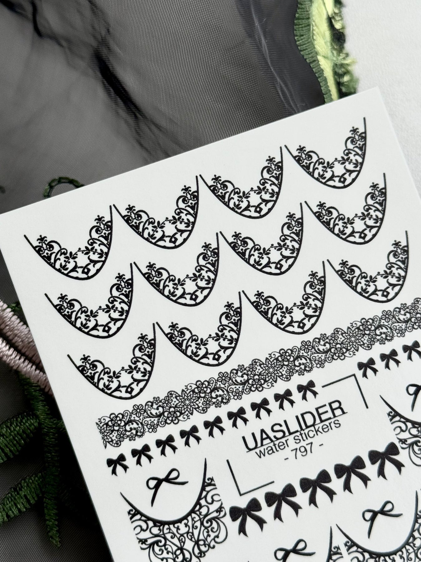 Black Lace Bow Nail Decals — Scroll Lace French Tips | 797 - UASLIDER
