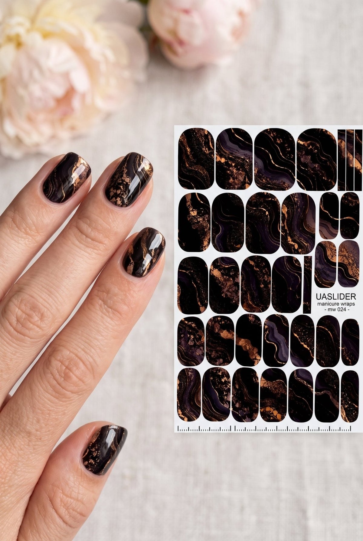 Black Marble Manicure Nail Wraps — Copper & Violet Veins | mw-024 - UASLIDER