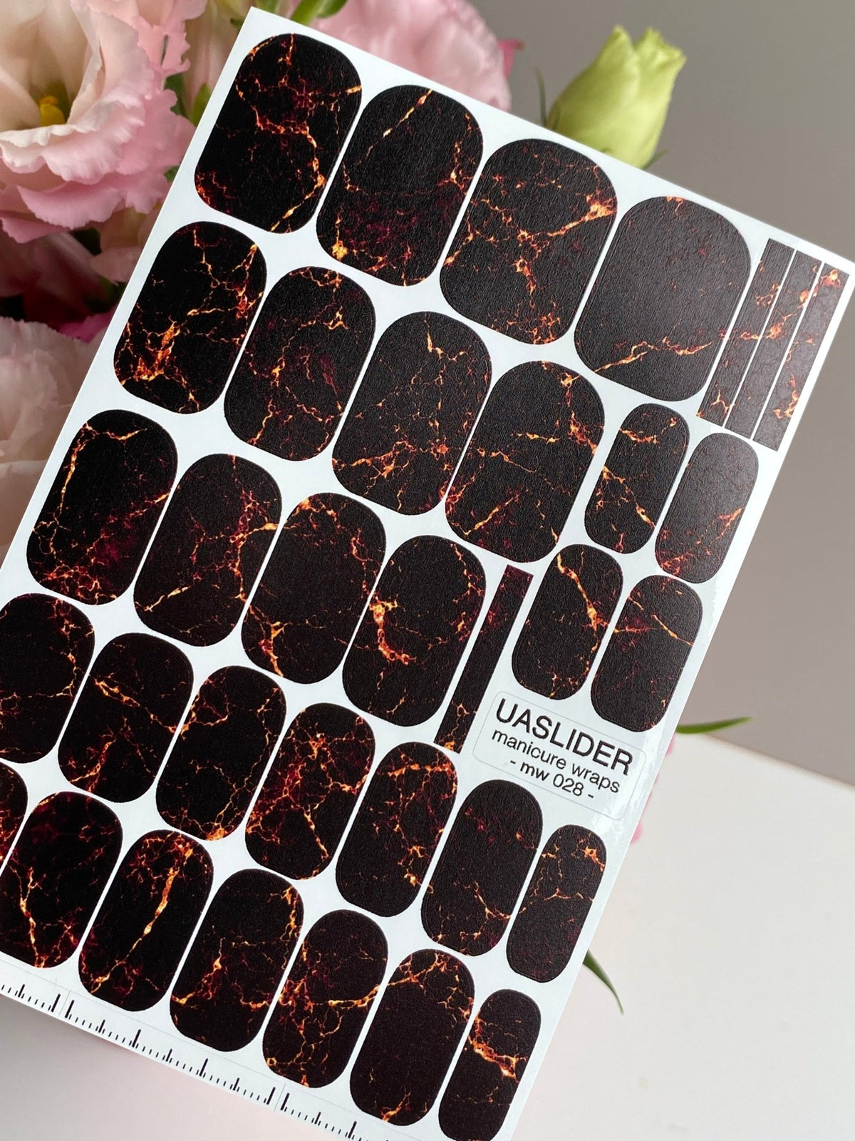Black Marble Manicure Nail Wraps — Fiery Orange Veins | mw-028 - UASLIDER