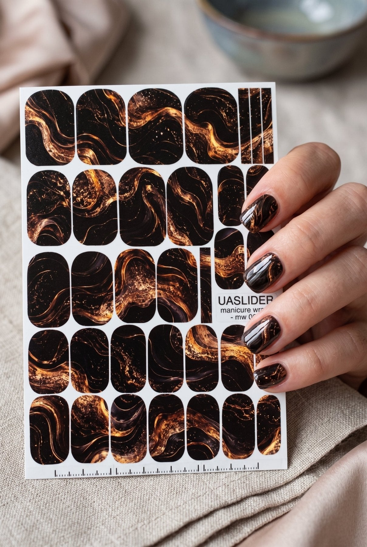 Black Marble Manicure Wraps — Copper Swirls | mw-027 - UASLIDER