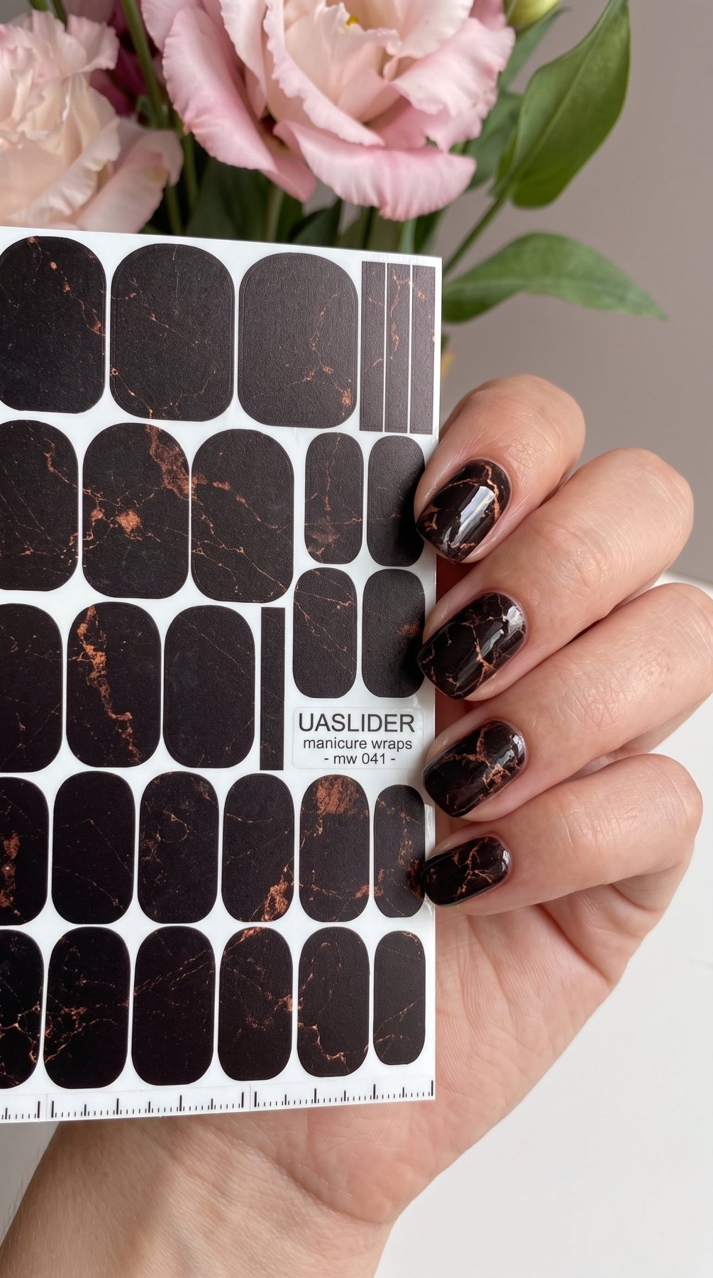 Black Marble Manicure Wraps — Copper Veining | mw-041 - UASLIDER