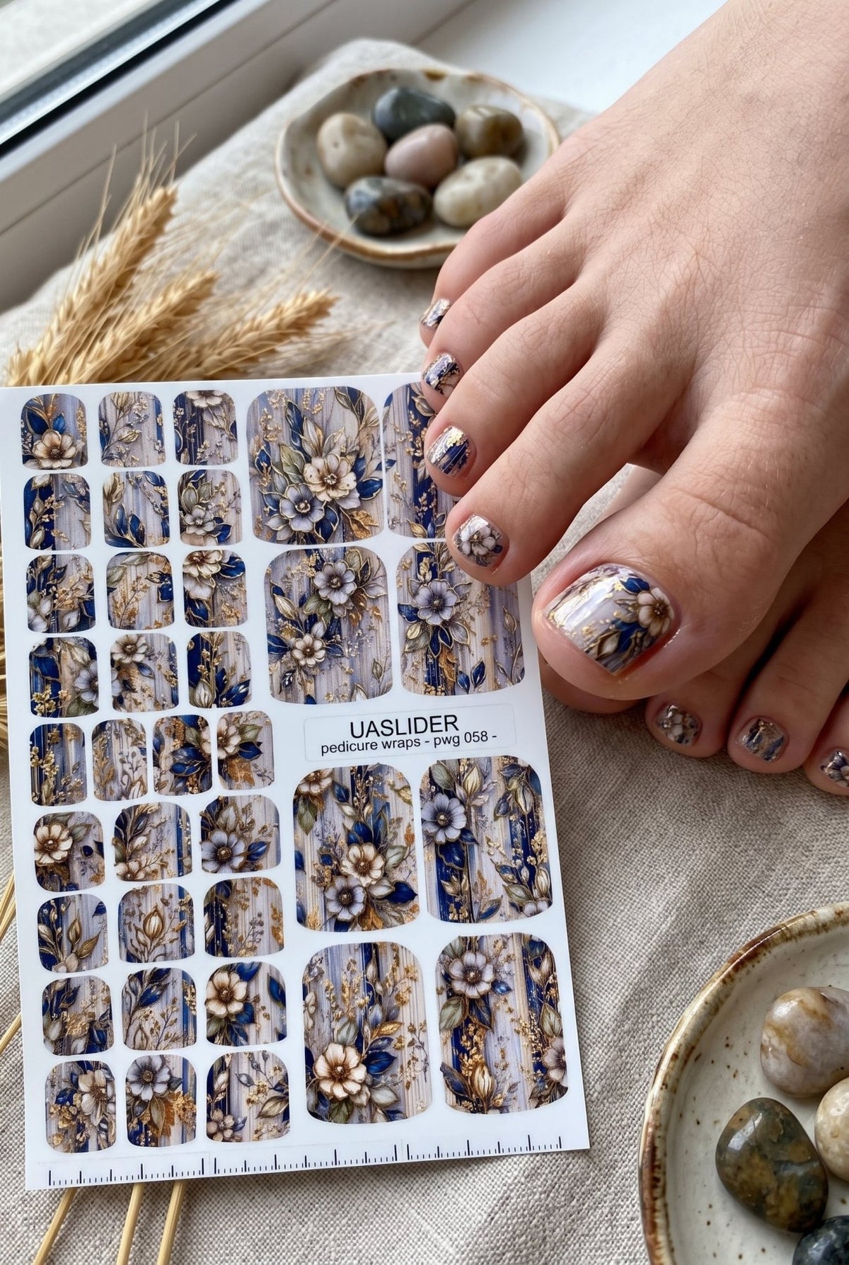 Blue Botanical Pedicure Wraps — Gold Foil Florals | pwg-058 - UASLIDER
