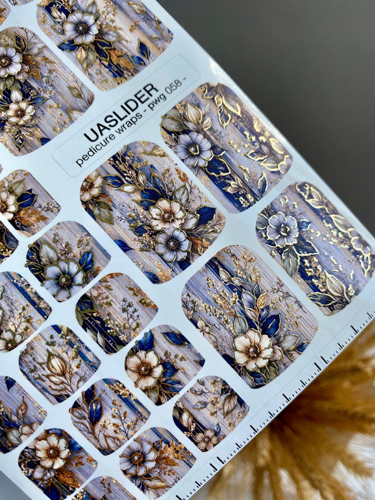 Blue Botanical Pedicure Wraps — Gold Foil Florals | pwg-058 - UASLIDER