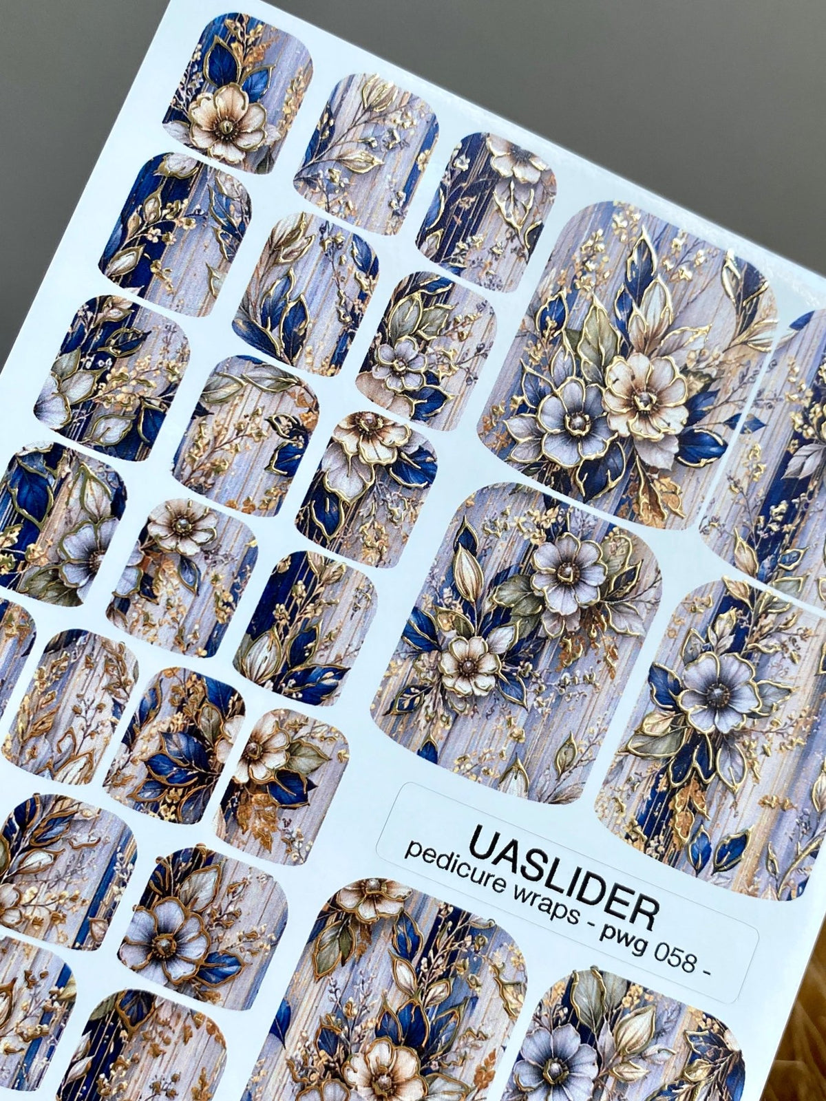 Blue Botanical Pedicure Wraps — Gold Foil Florals | pwg-058 - UASLIDER