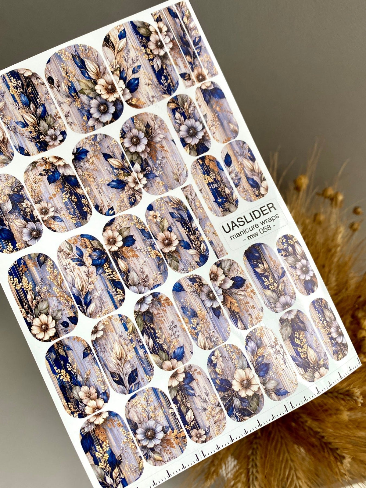 Blue Floral Manicure Wraps — Botanical Stripes | mw-058 - UASLIDER