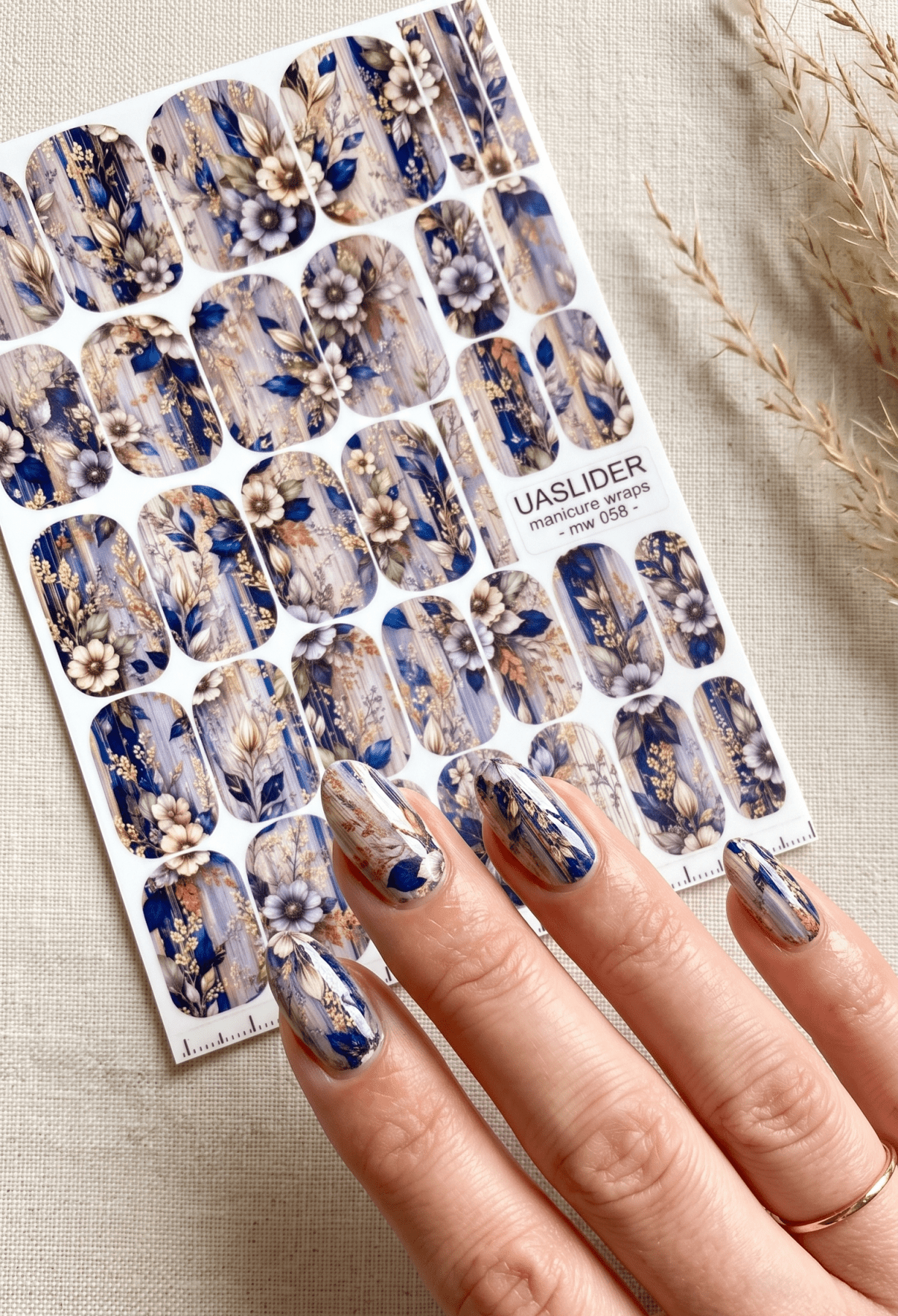 Blue Floral Manicure Wraps — Botanical Stripes | mw-058 - UASLIDER